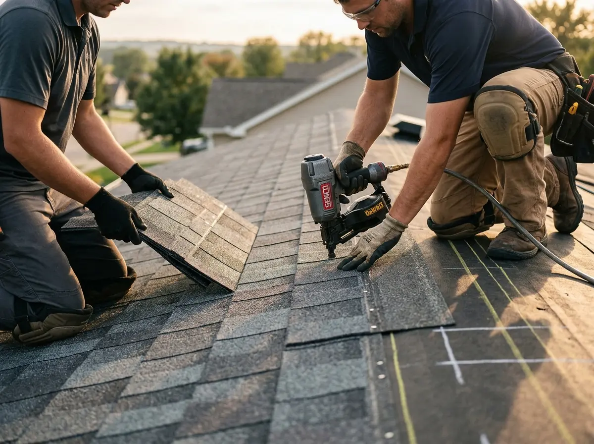 Professional roofer working on a residential roof in Country Club Estates
